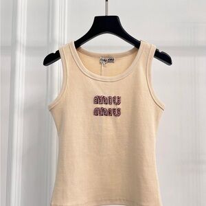 Miu Miu Cream Tank Top with pink Embroidered Logo